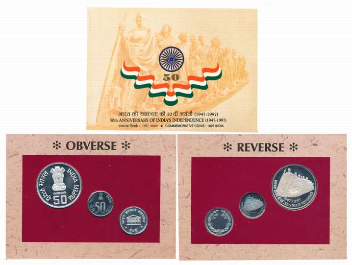 1997, Proof Set of 2 coin, Rupees 50 & Paisa 50, "50th Anniversary of India’s Independence