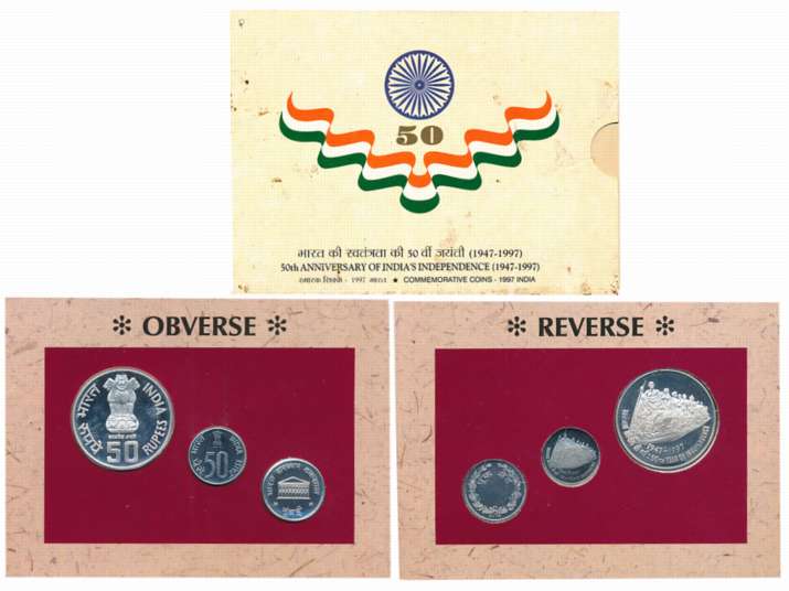 1997, Proof Set of 2 coin, Rupees 50 & Paisa 50, "50th Anniversary of India’s Independence