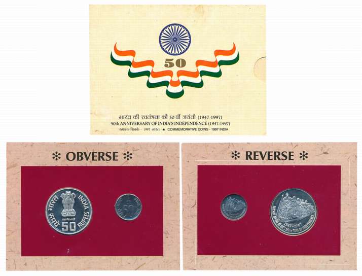 1997, Uncirculated Set of 2 coin, Rupees 50 & Paisa 50, "50th Anniversary of India’s Indep