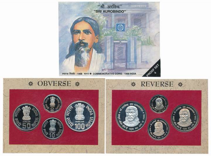 1998, Proof Set of 4, Rupees 100, 50, 10 & 2, “Sri Aurobindo- All Life is Yoga”, Mumbai Mi