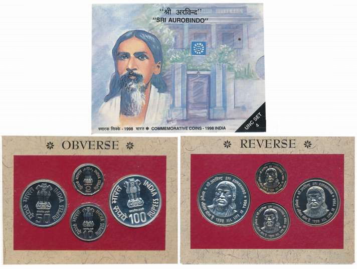 1998, Uncirculated Set of 4, Rupees 100, 50, 10 & 2, “Sri Aurobindo- All Life is Yoga”, Mu