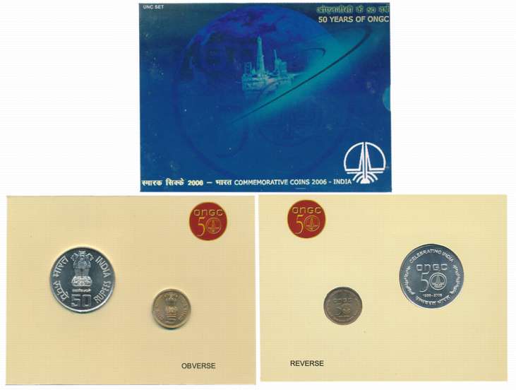 2006, Uncirculated Set 2, Rupees 50 & 5, “50 Years of ONGC”, Kolkata Mint (RB# 308). In bl