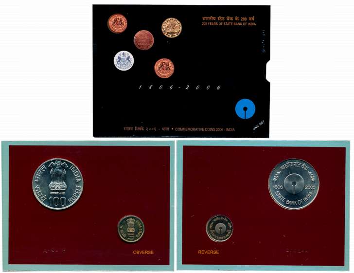 2006, Re-strike Uncirculated Set of 2, Rupees 100, 5, “200 Years of State Bank of India”, 