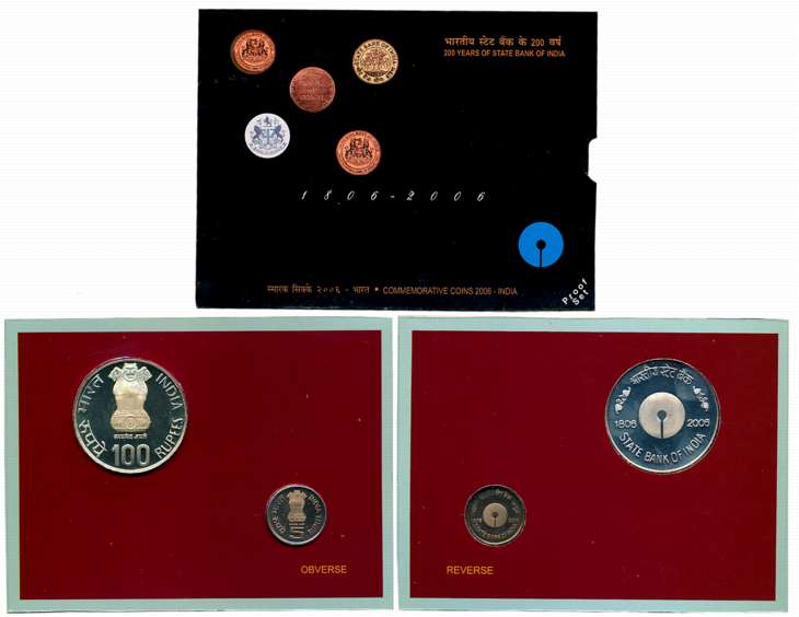 2006, Proof Set of 2, Rupees 100, 5, “200 Years of State Bank of India”, Kolkata Mint (RB#