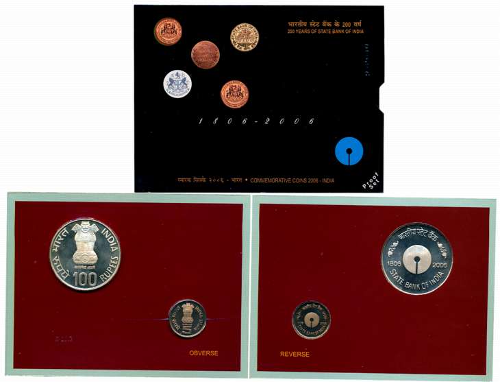 2006, Re-strike Proof Set of 2, Rupees 100, 5, “200 Years of State Bank of India”, Kolkata