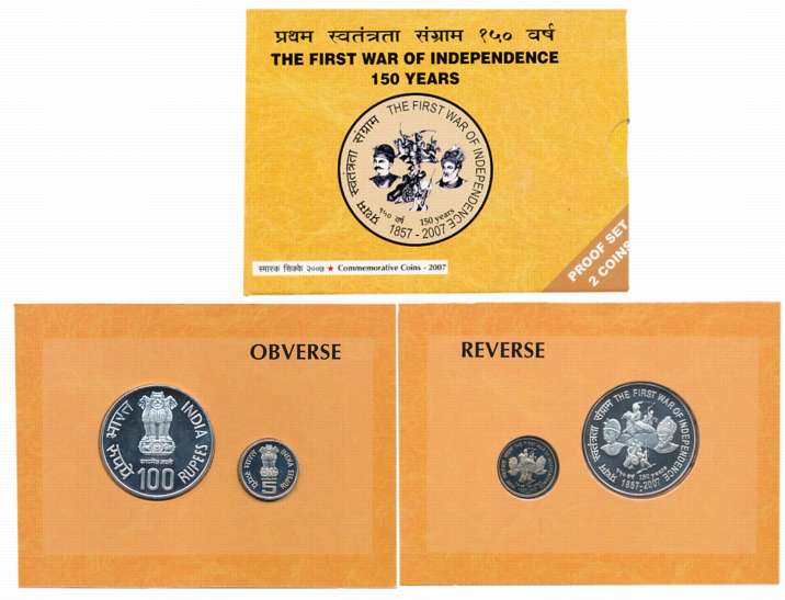 2007, Proof Set of 2, Rupees 100 & 5, “The First War of Independence 150 Years” Mumbai Min