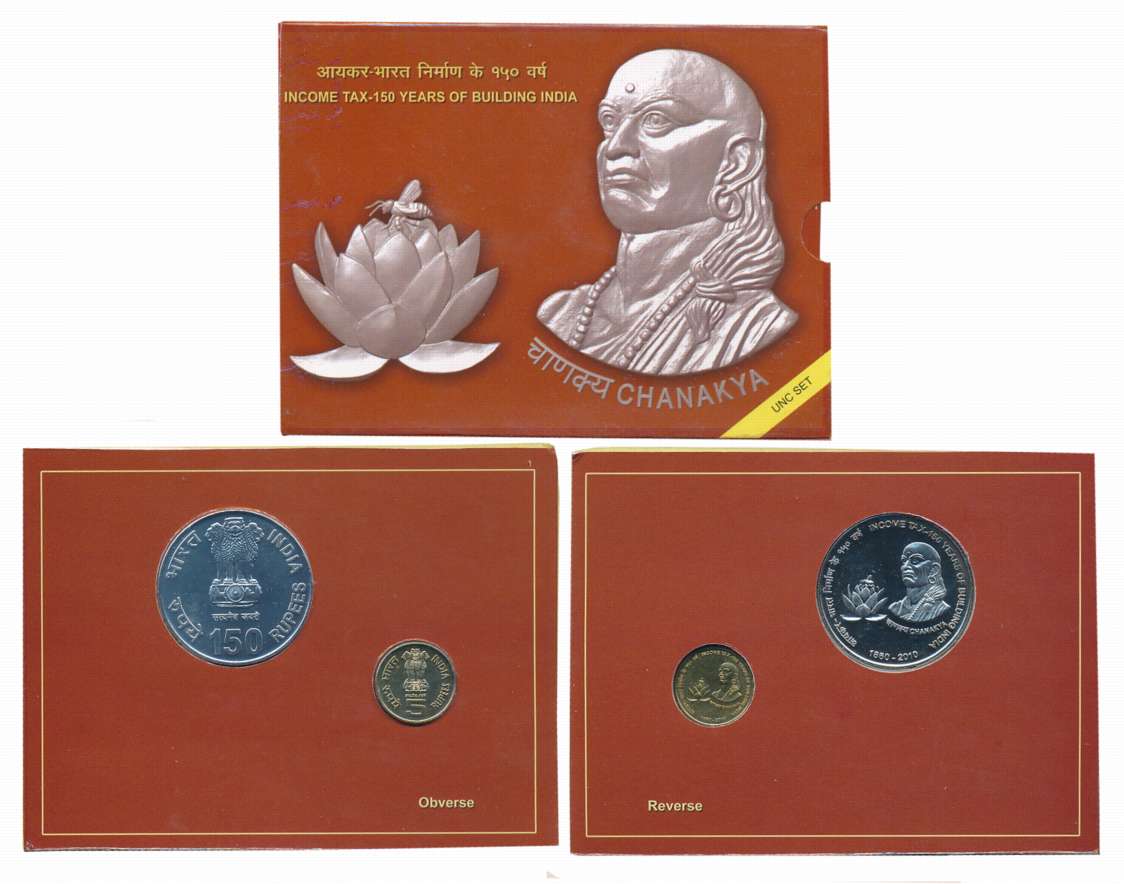2009, Uncirculated Set of 2, Rupees 150 & 5, “Income Tax-150 Years of Building India”, Kol