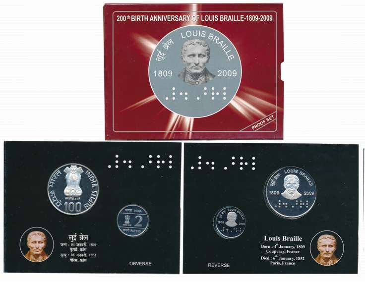 2009, Proof Set of 2, Rupees 100 & 2, “200th Birth Anniversary of Louis Braille”, Kolkata 