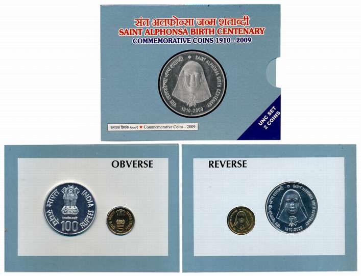 2009, Uncirculated Set of 2, Rupees 100 & 5, “Saint Alphonsa Birth Centenary”, Mumbai Mint