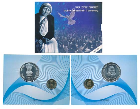 2010, Uncirculated set of 2, Rupees 100 & 5, Mother Teresa birth Centenary, Kolkata Mint. 