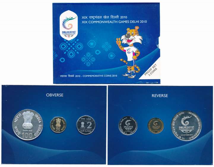 2010, Proof set of 3, Rupees 100, 5 & 2, “XIX Common Wealth Games 2010 Delhi”, Kolkata Min