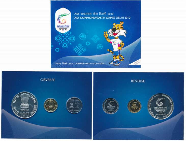 2010, Uncirculated set of 3, Rupees 100, 5 & 2, “XIX Common Wealth Games 2010 Delhi”, Kolk