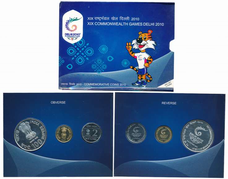 2010, Uncirculated set of 3, Rupees 100, 5 & 2, “XIX Common Wealth Games 2010 Delhi”, Kolk
