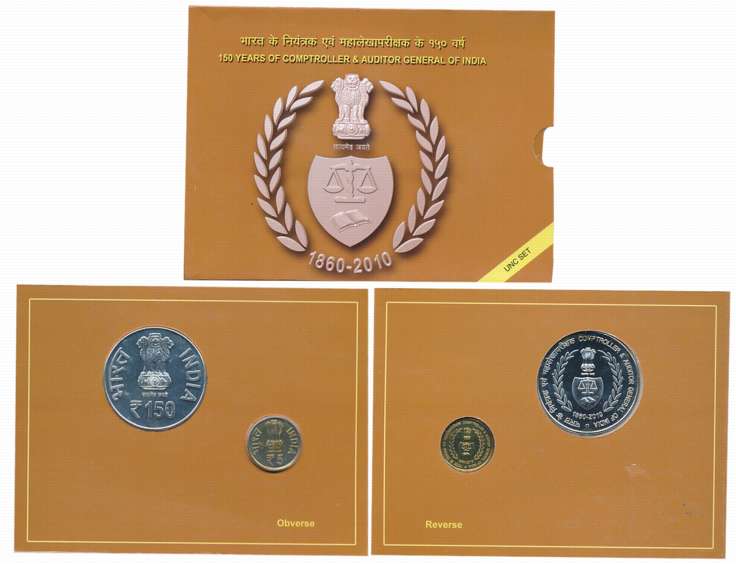 2010, Uncirculated Set of 2, Rupees 150 & 5, “150 Years of Comptroller & Auditor General o