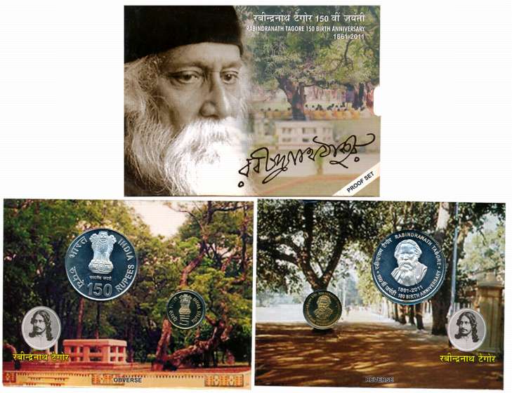 2011, Proof Set of 2, Rupees 150 & 5, “150th Birth Anniversary Rabindranath Tagore”, Kolka