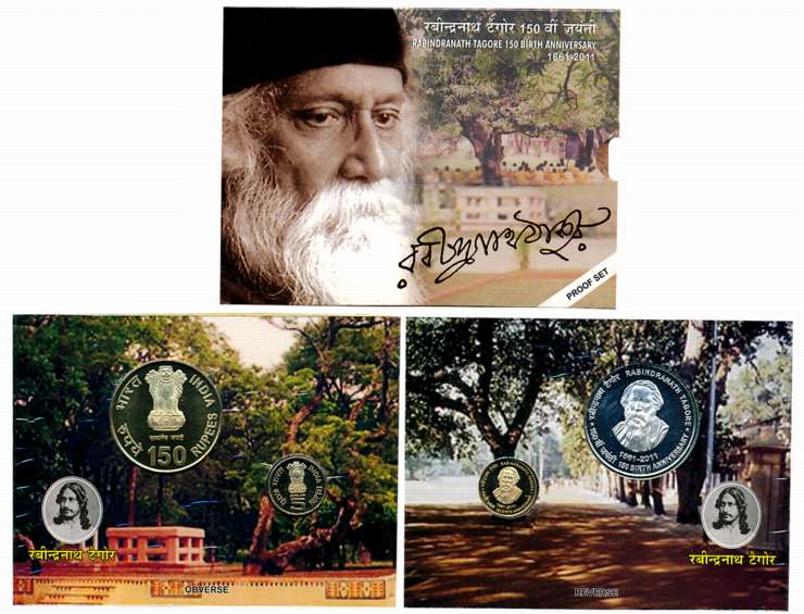 2011, Proof Set of 2, Rupees 150 & 5, “150th Birth Anniversary Rabindranath Tagore”, Kolka