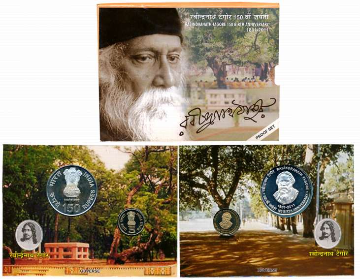 2011, Proof Set of 2, Rupees 150 & 5, “150th Birth Anniversary Rabindranath Tagore”, Kolka