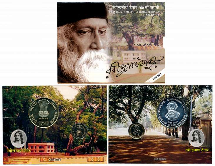 2011, Uncirculated Set of 2, Rupees 150 & 5, “150th Birth Anniversary Rabindranath Tagore”