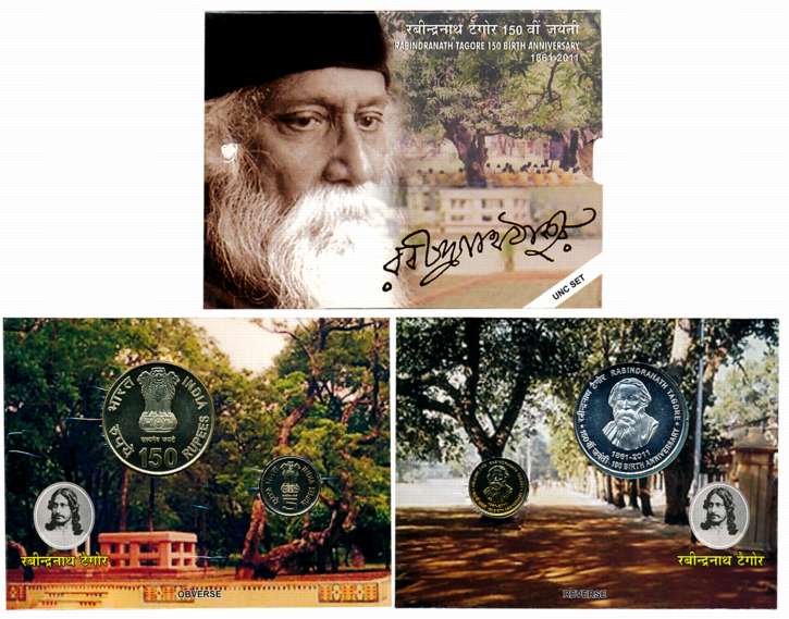 2011, Uncirculated Set of 2, Rupees 150 & 5, “150th Birth Anniversary Rabindranath Tagore”
