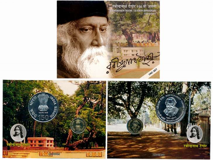 2011, Uncirculated Set of 2, Rupees 150 & 5, “150th Birth Anniversary Rabindranath Tagore”