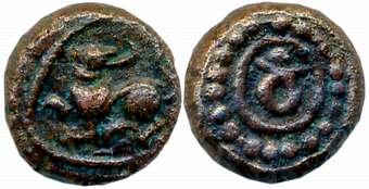 South India, Unattributed, Copper Kasu, 2.38g, Obv: Yali facing left within circle, Rev: K