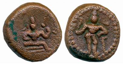 Nayakas of Tanjore, Copper, 3.39g, Obv: Rajagopalaswamy standing facing, Rev: King Vijayar