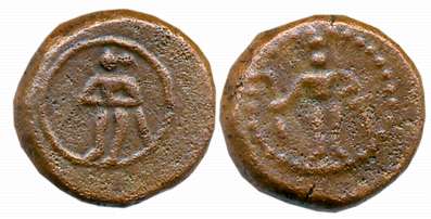 Nayakas of Tanjore, Copper, 2.89g, Obv: Rajagopalaswamy standing facing, Rev: King Vijayar