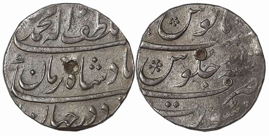 Muhammad Shah, Silver Rupee, 11.48g, “Ba Luft ullah” Couplet, Surat Mint, RY Ahad (KM#434.