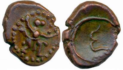 Nawabs of Arkat, Copper, 4.56g, Obv: Lord Hanuman moving to right, Rev: Tamil letter “Shri