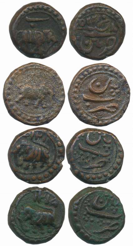 Tipu Sultan, Copper, 1/4 Paisa-Akhtar (4), 2.45g, 2.71g, 2.78g, 2.83g, Patan Mint, AM 1215