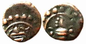 Swati Thirunal Rama Varma, Copper Cash, 0.52g, Obv: Shivlinga, Numeral 1055 below, Rev: Co