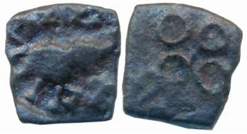 Satvahanas, Siri Satakarni, Copper, 1.50g, Obv: Elephant walking right with trunk upraised