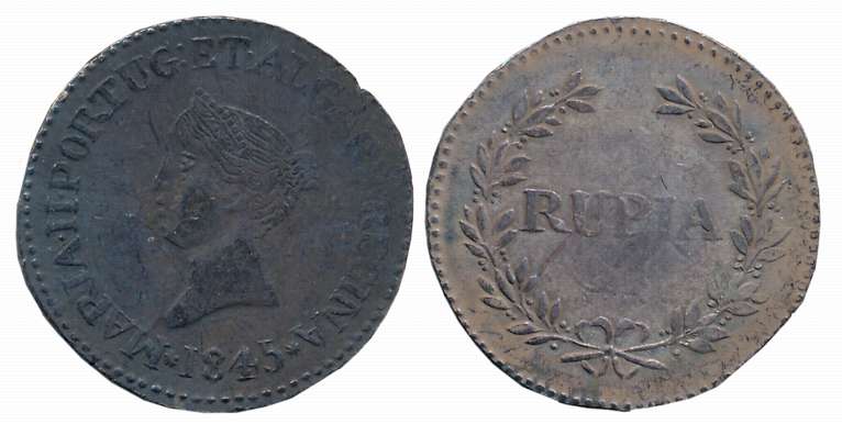 D Maria II, Silver Rupia, 10.94g, Goa Mint, 1845 CE, Obv: Bust of Maria II to left, legend