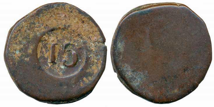 Goa, D. Maria II, Copper 15 Reis, 8.94g, ND, Denomination 15 incused in a circle on obvers