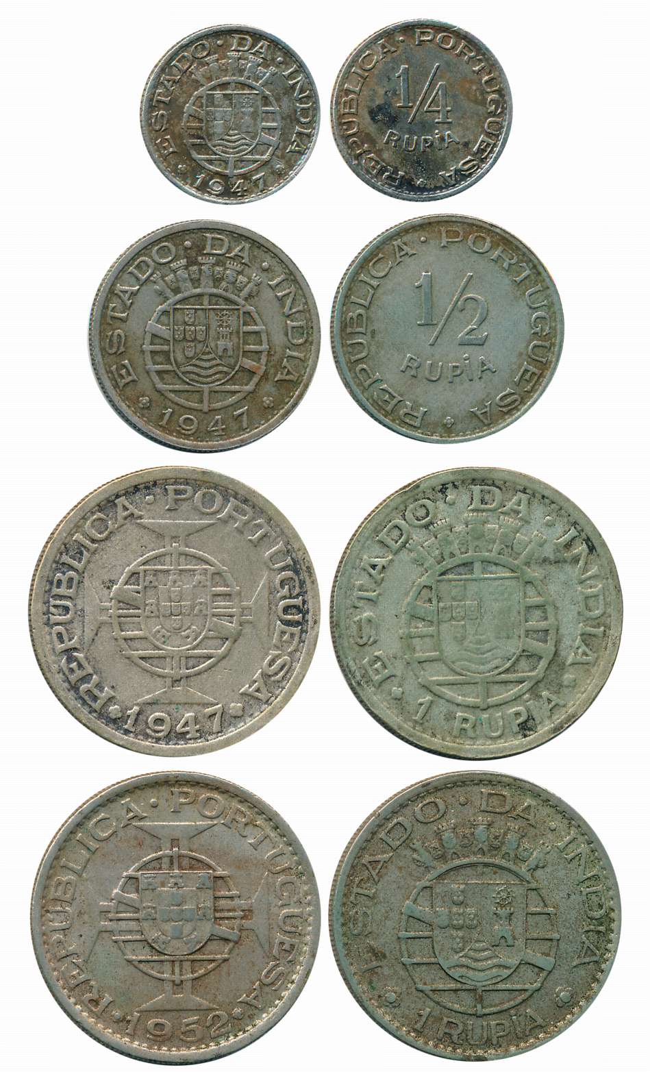 Silver Rupia (1), 1947 (KM# 27), Copper Nickel (3), Rupia, 1952, 1/2 Rupia 1947 & 1/4 Rupi