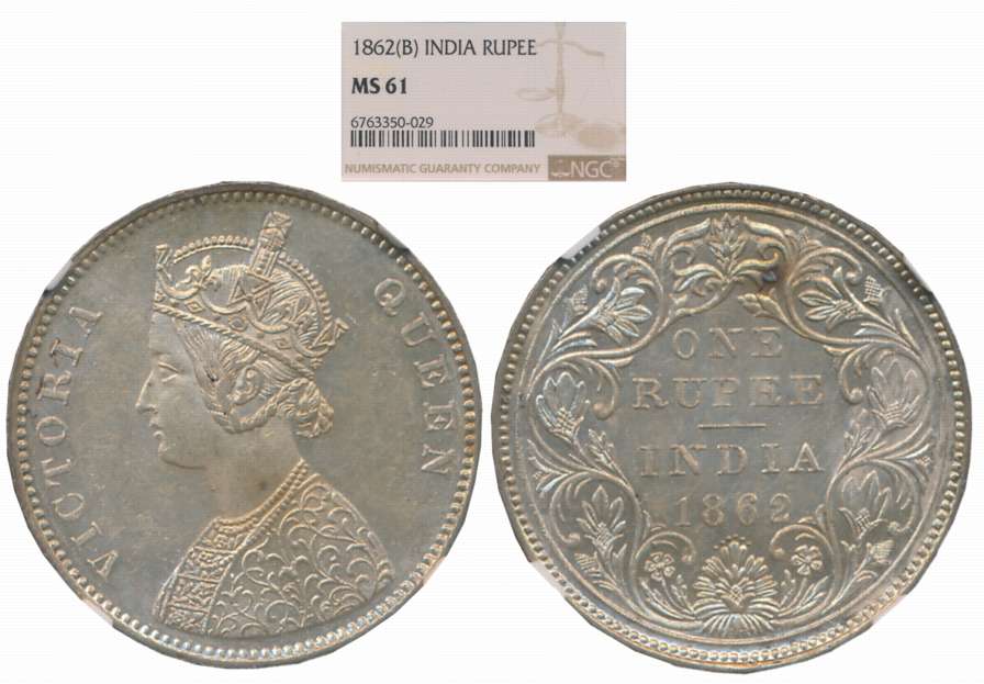 Victoria Queen, Silver Rupee, 1862, Bombay Mint. Slab & Graded by NGC as MS 61.