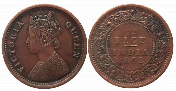 Victoria Queen, Copper 1/2 Pice, 1862. About extremely fine.