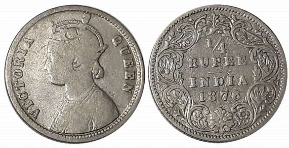 Victoria Queen, Silver 1/4 Rupee, 1876. Fine.