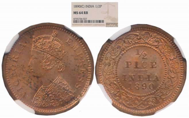 Victoria Queen, Copper 1/2 Pice, 1890, Calcutta Mint. Slab & Graded by PCGS as MS 64RB.