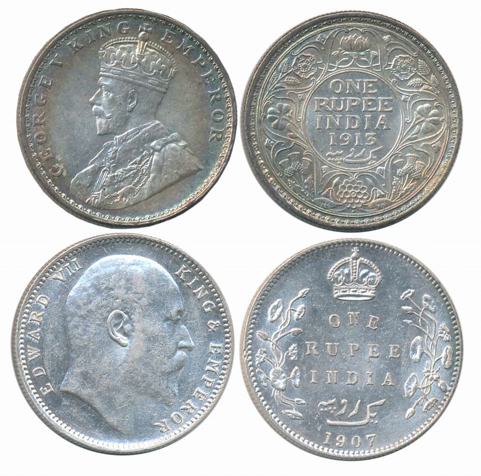 Silver Rupees (2), Edward VII, 1907 & George V, 1913. 2 coins.