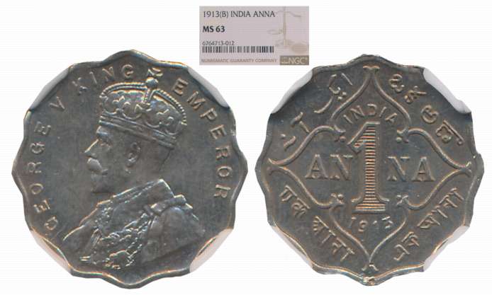 George V, Copper Nickel 1 Anna, 1913, Bombay Mint. Slab & Graded by NGC as MS 63.