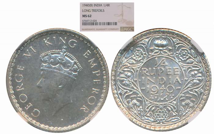 George VI, Silver 1/4 Rupee, 1940, Bombay Mint. Slab & Graded by NGC as MS 62.