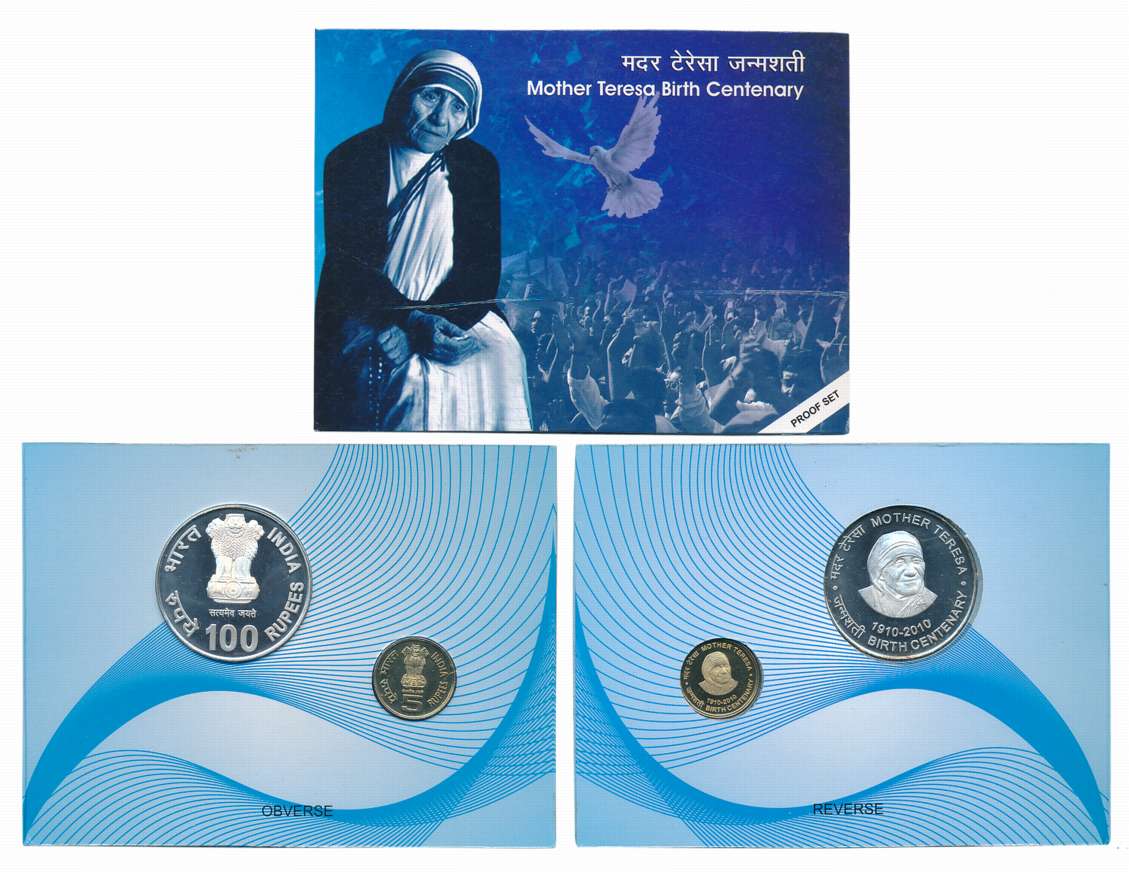 2010, Proof set of 2, Rupees 100 & 5, Mother Teresa birth Centenary, Kolkata Mint. In blis