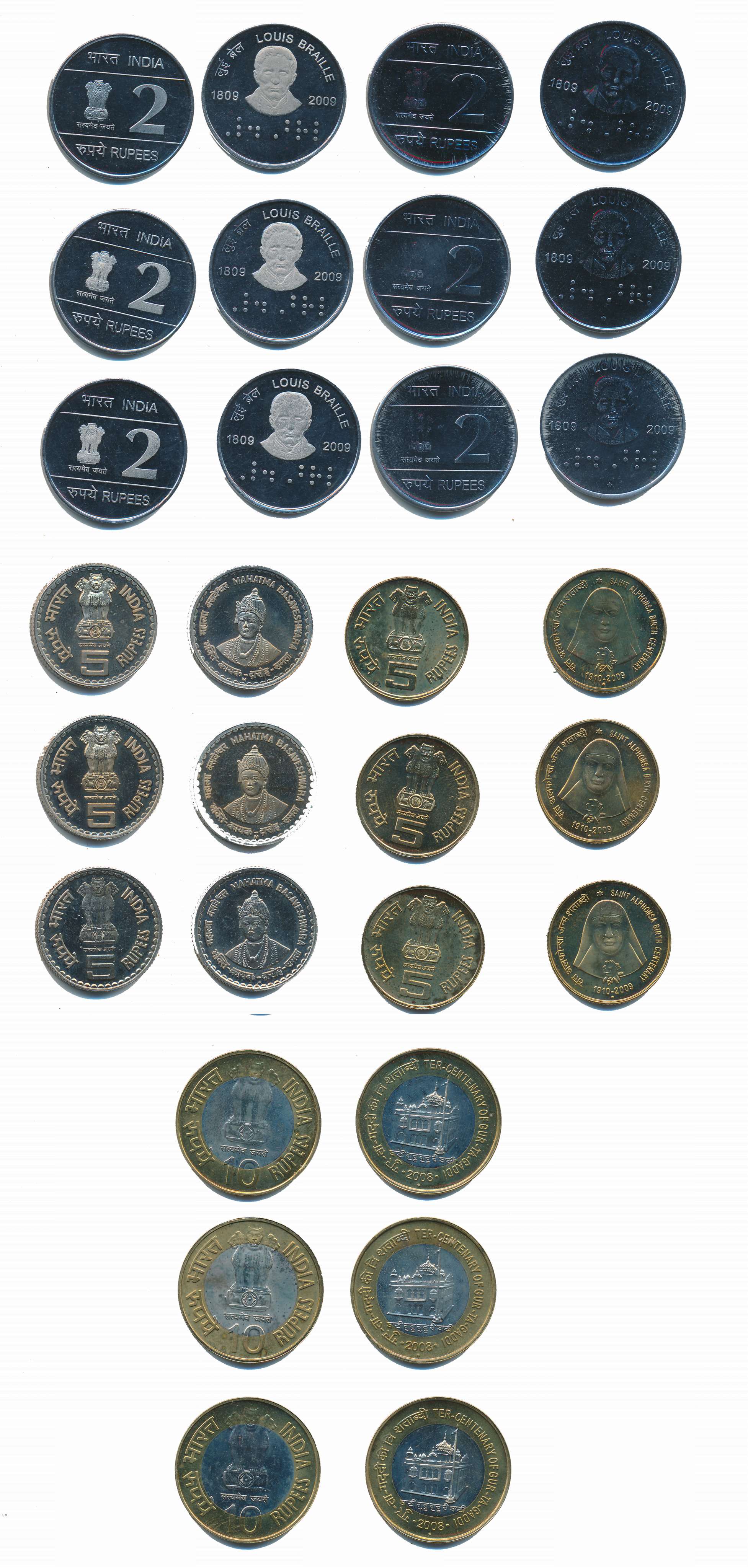 Rupees 10 (3), 2008, Rupees 5 (6), Mahatma Basaveshwara, 2006, Saint Alphonsa, 2009 & Rupe