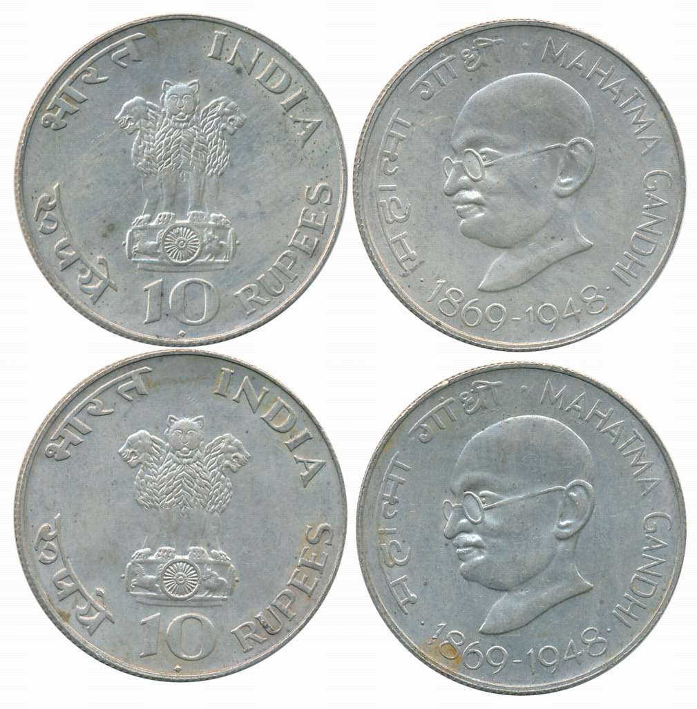 1969, Uncirculated, Silver Rupees 10 (2), “Centenial-Mahatma Gandhi’s Birth”, Bombay Mint,