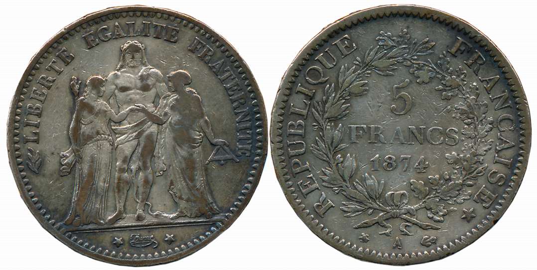 France, Silver 5 Francs, 1874, Obv: Denomination and date within wreath, Rev: Hercules gro