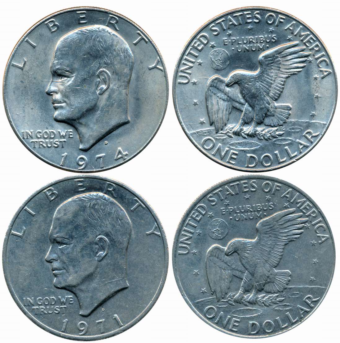 United States of America, Silver Dollar (2), 22.69g, 22.56g, Eisenhower, 1971, 1974, Obv: 