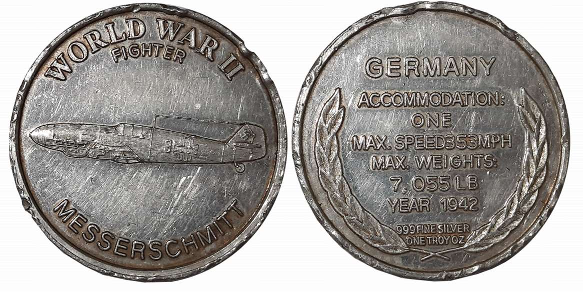 USA Silver (999) Bullion Token, Silver One Troy Ounce, 31.16g, Obv: World War II Messersch