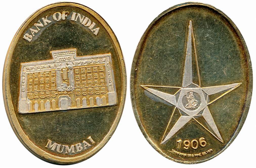 The Bank of India, Gold gilt on Silver, 39.91g, Obv: Head Quarter Building, Rev: Logo and 