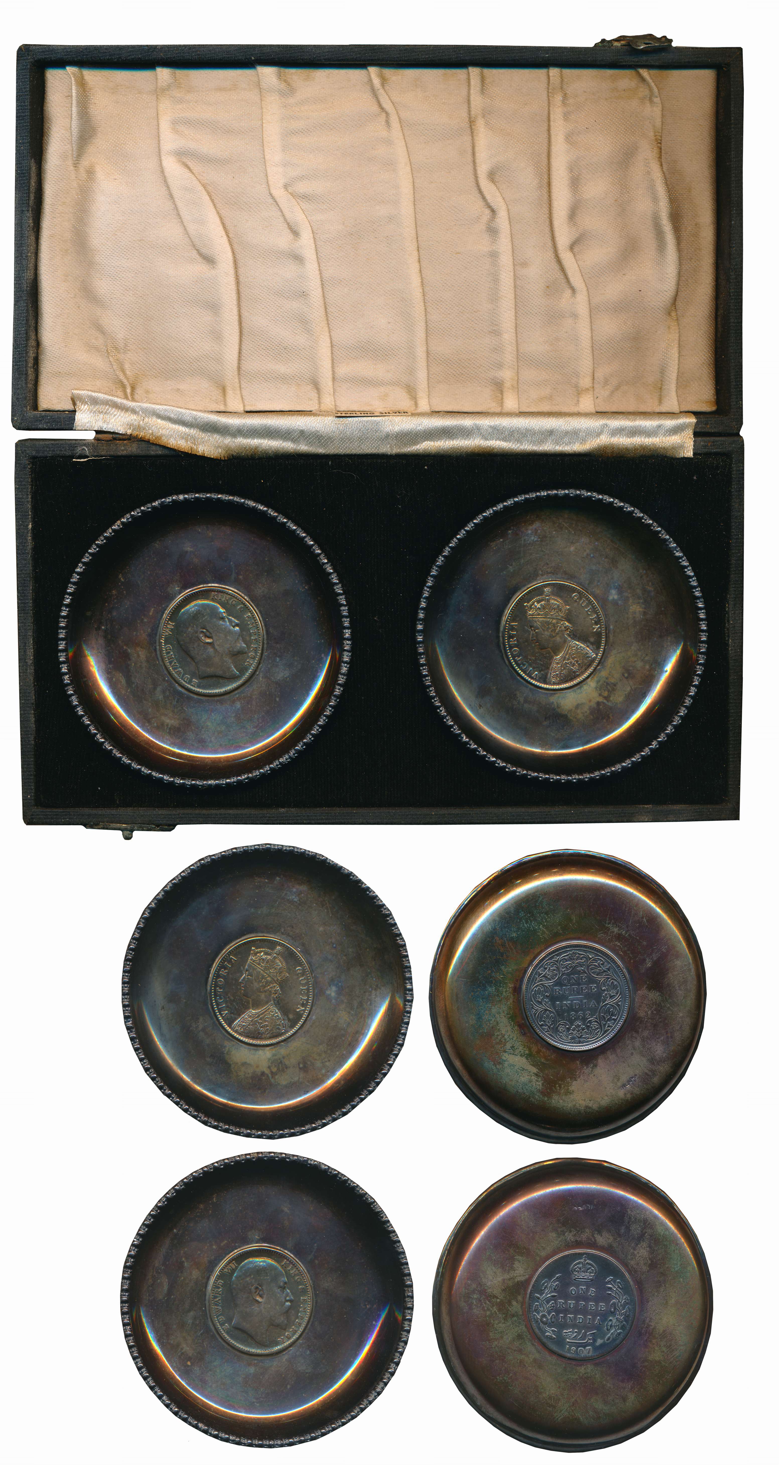 Silver 2 Plats with Rupee in center, 51.93g, 51.28g, Victoria Queen 1862 & Edward VII, 190
